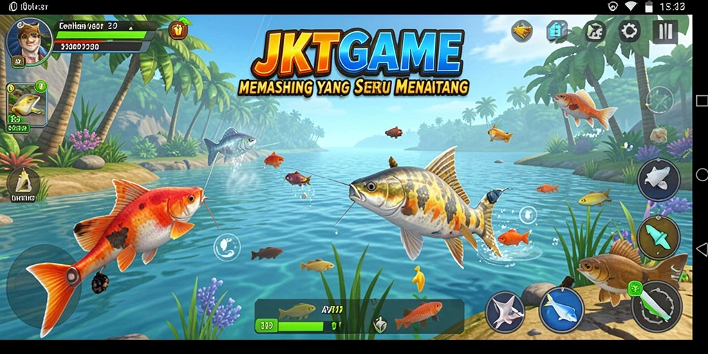 Screenshot menunjukkan pemandangan indah saat memancing di JKTGAME.