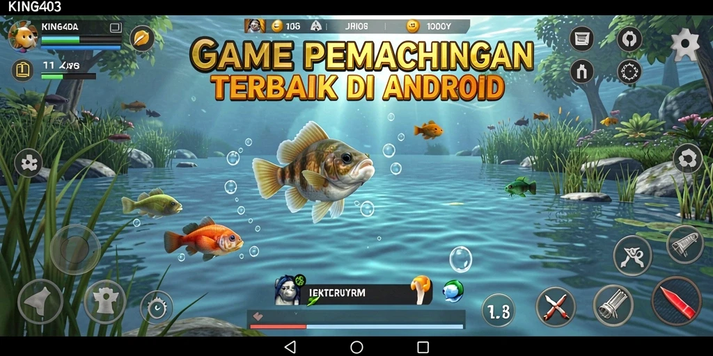 Screenshot KING403 menunjukkan pemain menangkap ikan di danau yang indah.