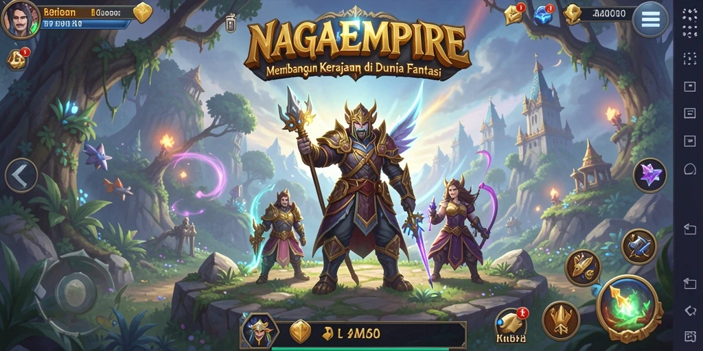 Gameplay seru NAGAEMPIRE dengan pertempuran dan pembangunan kerajaan.