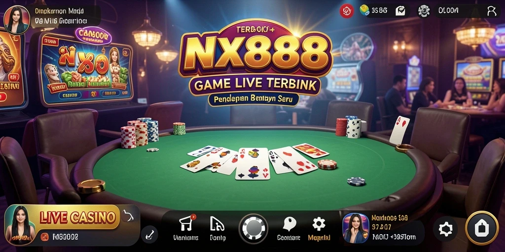 Screenshot gameplay NX888 menampilkan dealer profesional dan suasana kasino yang hidup.