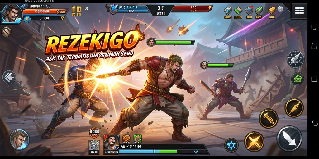 Screenshot gameplay REZEKIGO yang menampilkan pertempuran mendebarkan.